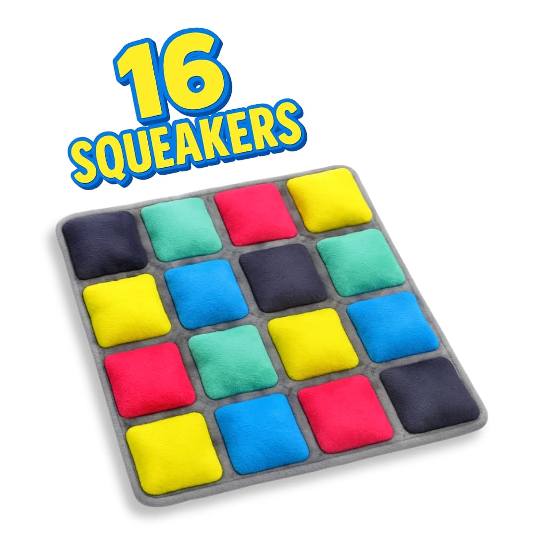 Bright, 16-squeaker plush dog toy mat with colorful padded squares in a 4x4 grid, designed for interactive play and sensory stimulation.