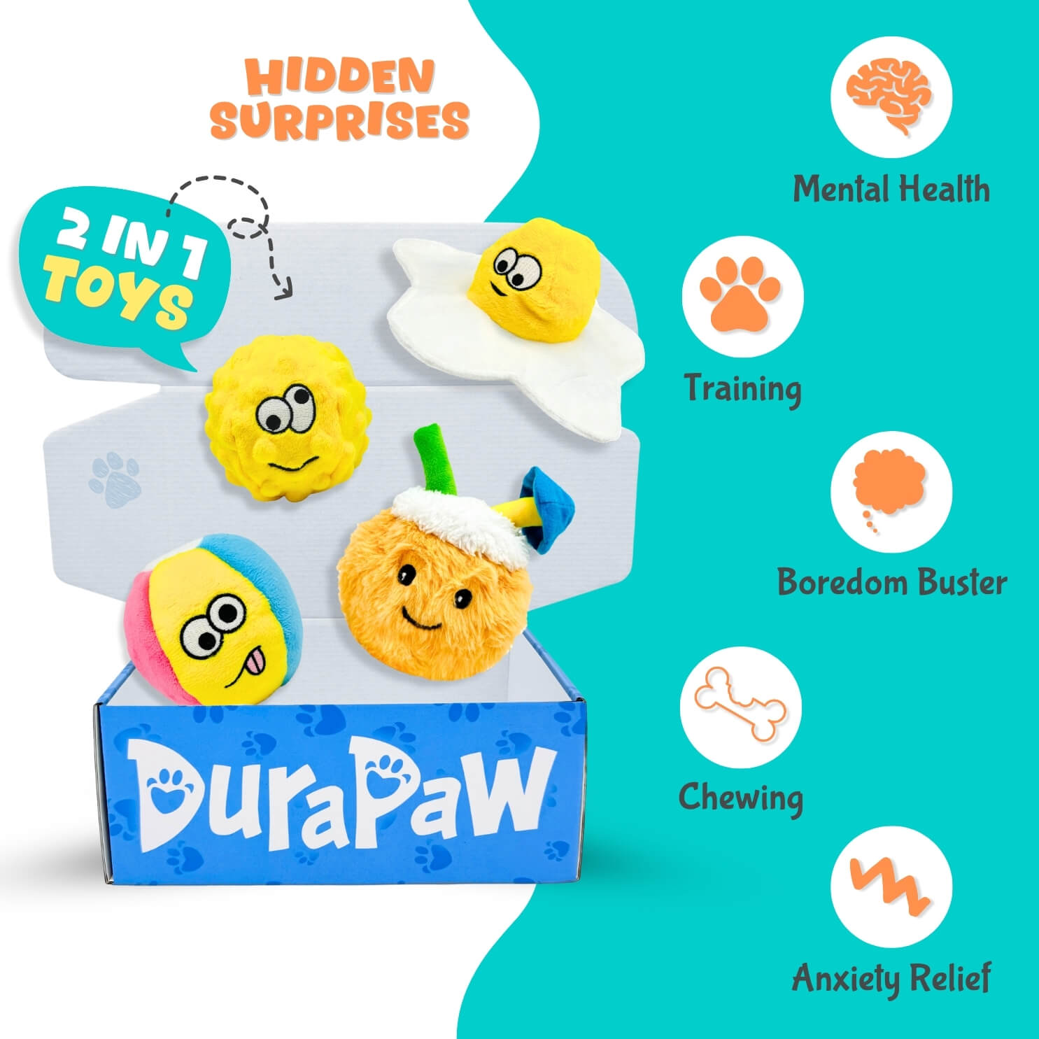 DuraPaw 2-in-1 Rippable Toys with hidden surprises, showing plush toys popping out of a box, and icons highlighting benefits like mental health, training, boredom busting, chewing, and anxiety relief