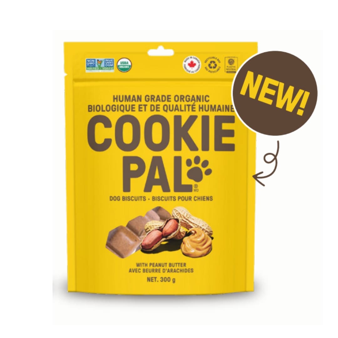 Cookie Pal organic peanut butter dog biscuits in yellow resealable pouch, human-grade and made in Canada
