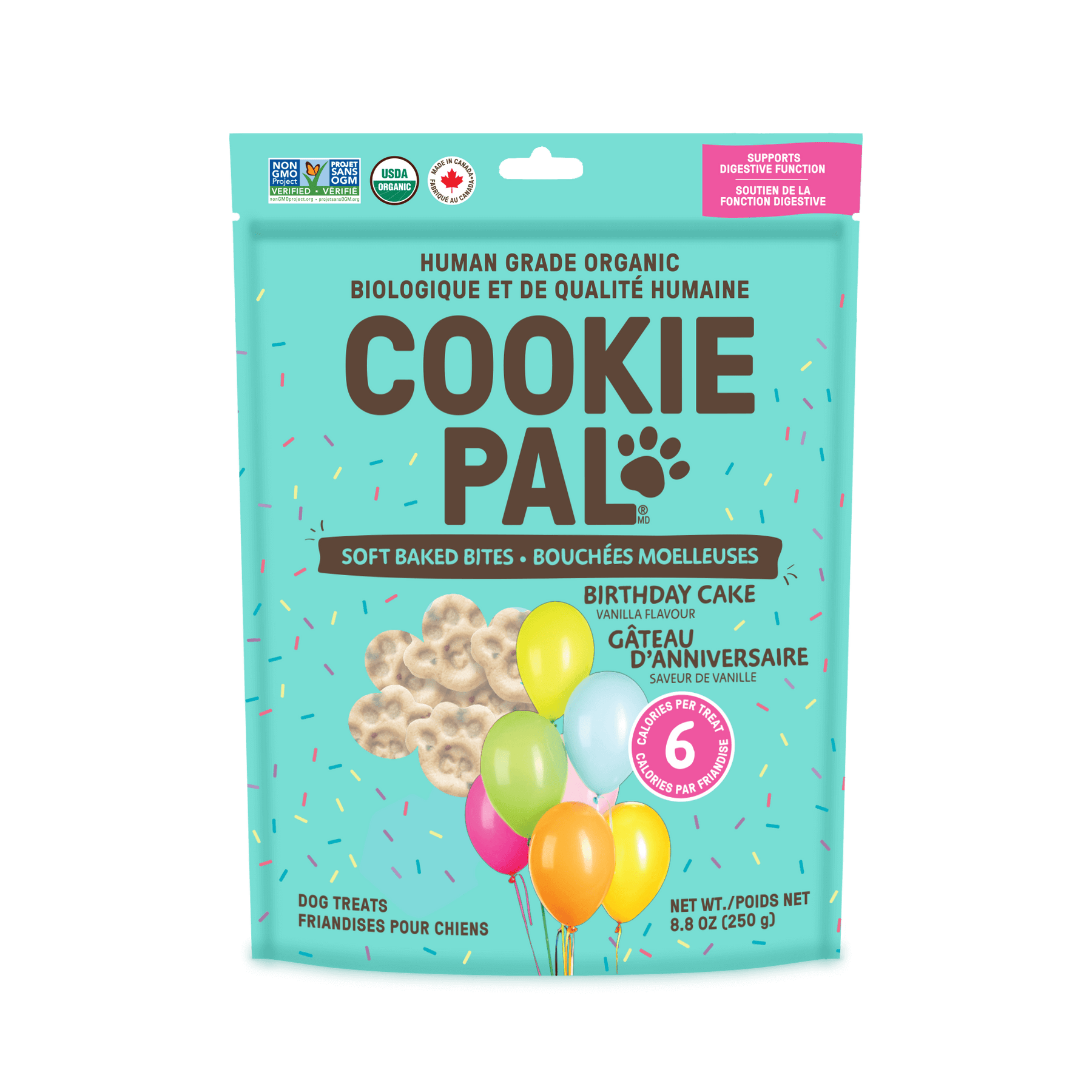 A package of Cookie Pal soft baked birthday cake flavored dog treats with balloons and a party theme.