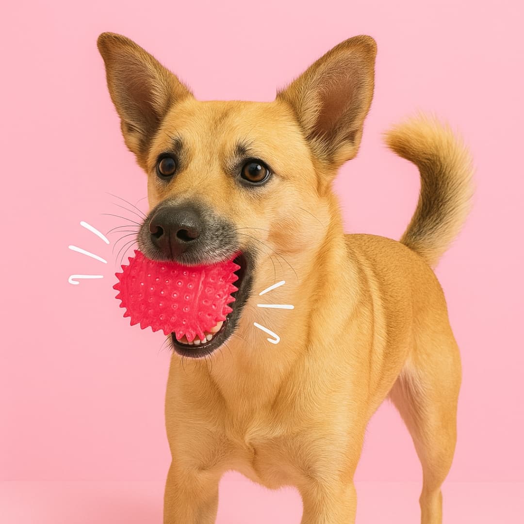 Playful dog holding a squeaky pink cube dog toy in mouth, with animated sound lines showing interaction, on pastel pink background.