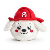 Plush 2-in-1 DuraPaw Rippable toy dog with a red fire truck hat featuring a paw print on a white background