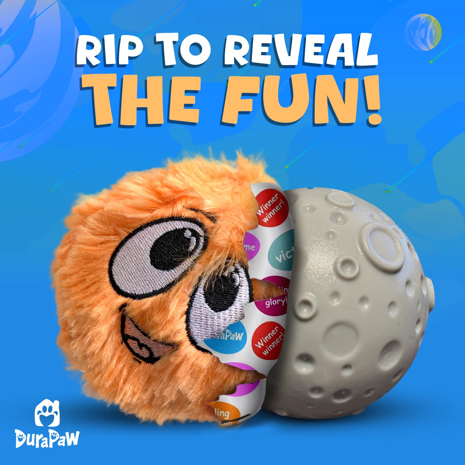 DuraPaw 2 in 1 Rip N Reveal Pet Dog Chew Toy Asteroid Space Rippables