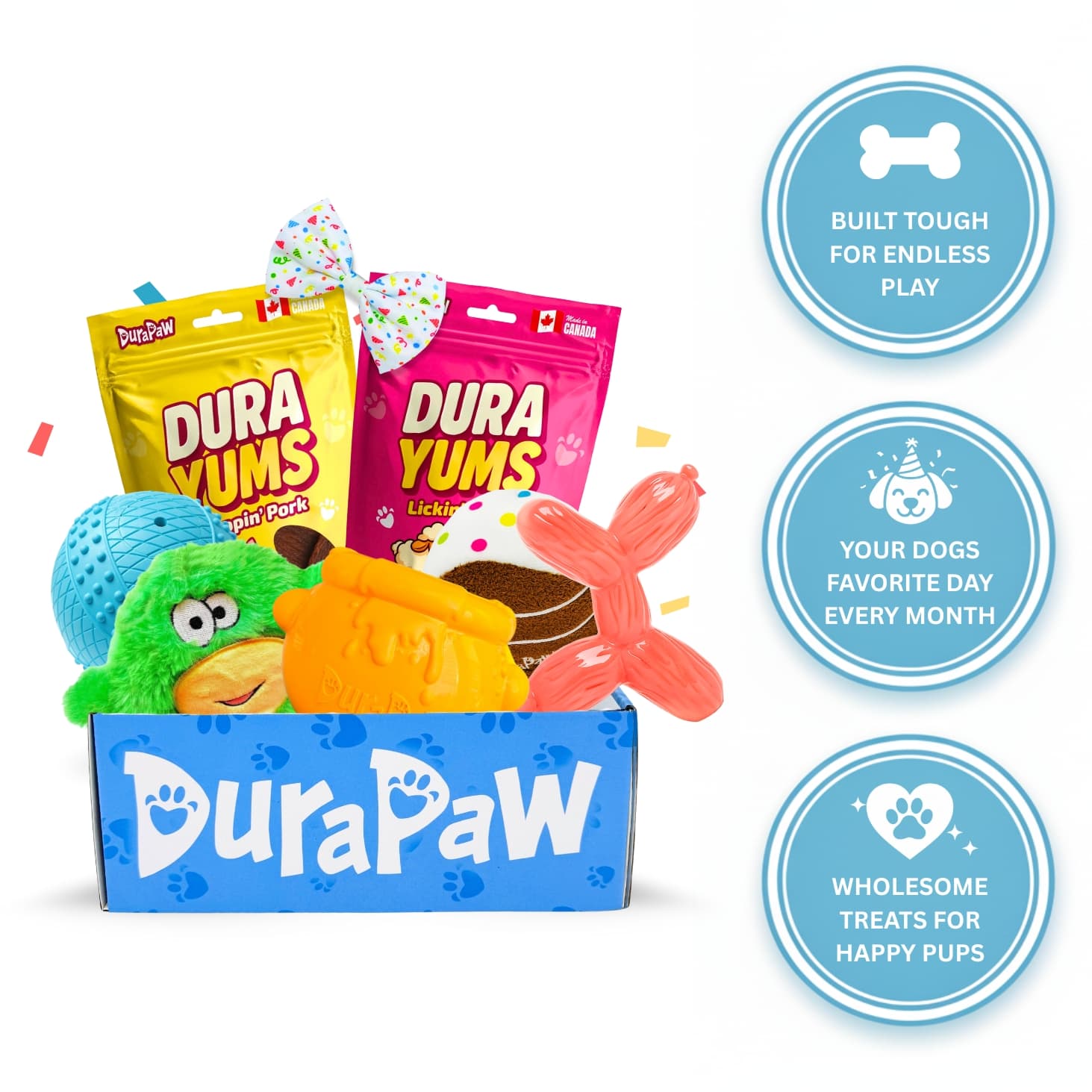 DuraPaw subscription box with dog toys and treats on a white background