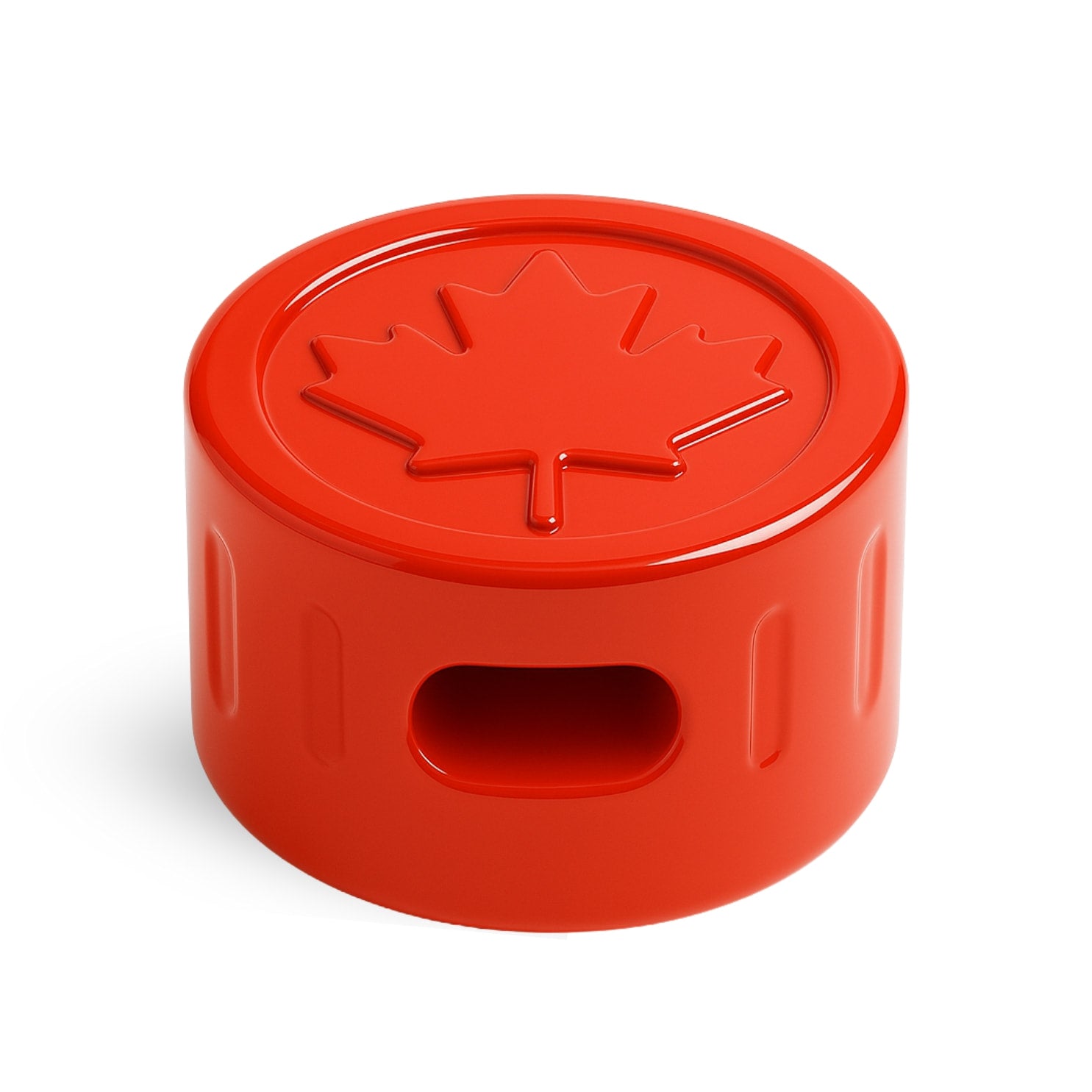 DuraPaw dog toy red hockey puck bully stick holder with a Canadian maple leaf design on a white background