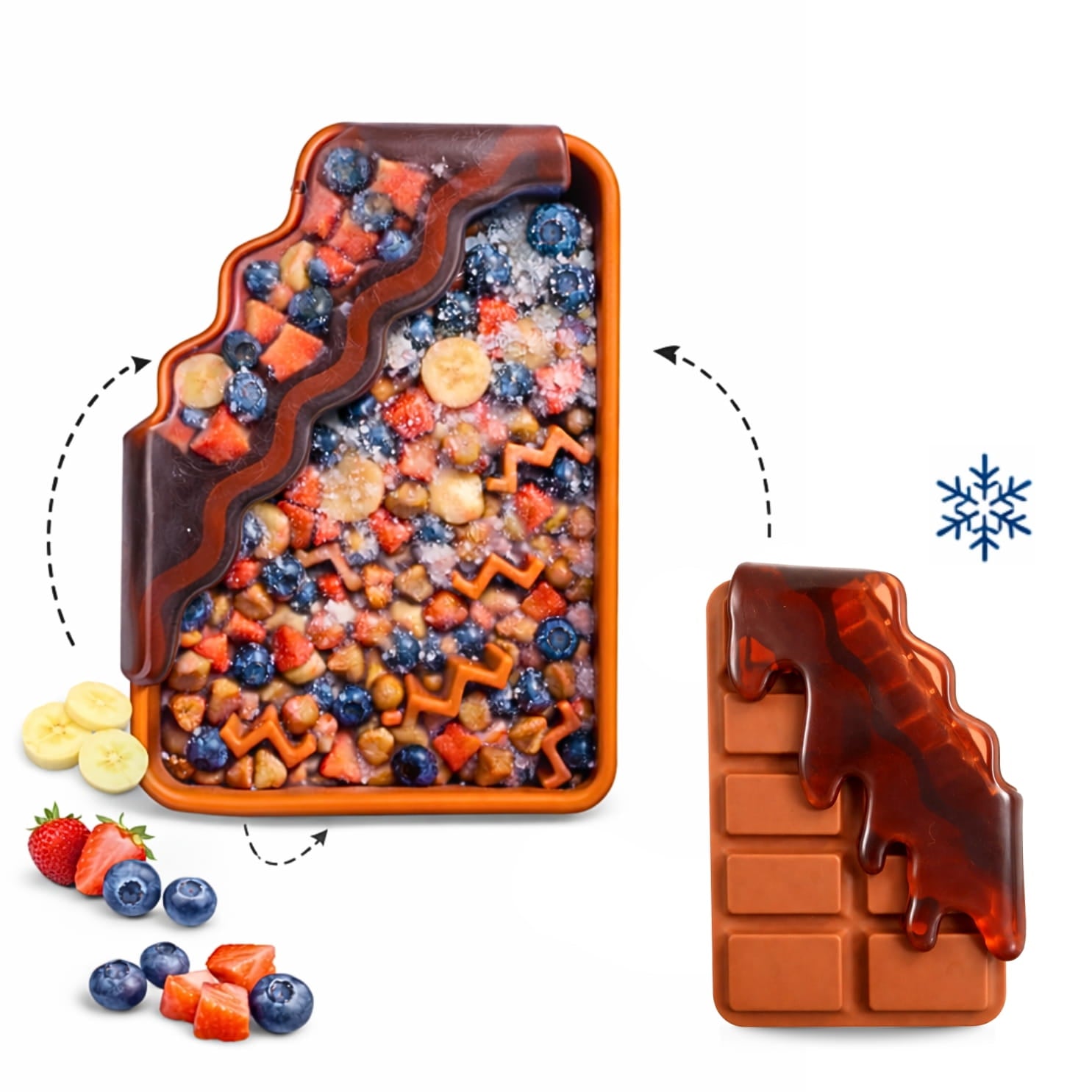 Chocolate molded enrichment dog toy with fruit pieces and a smaller chocolate bar mold on a white background
