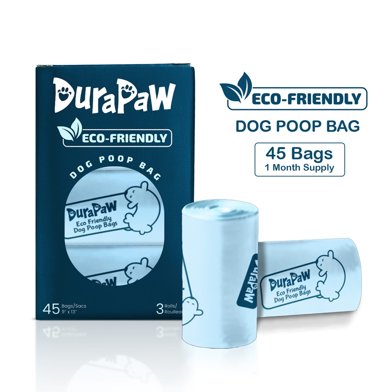 A package of DuraPaw Eco Friendly Dog Poop Bags, containing 45 bags with a 1 month supply indication.