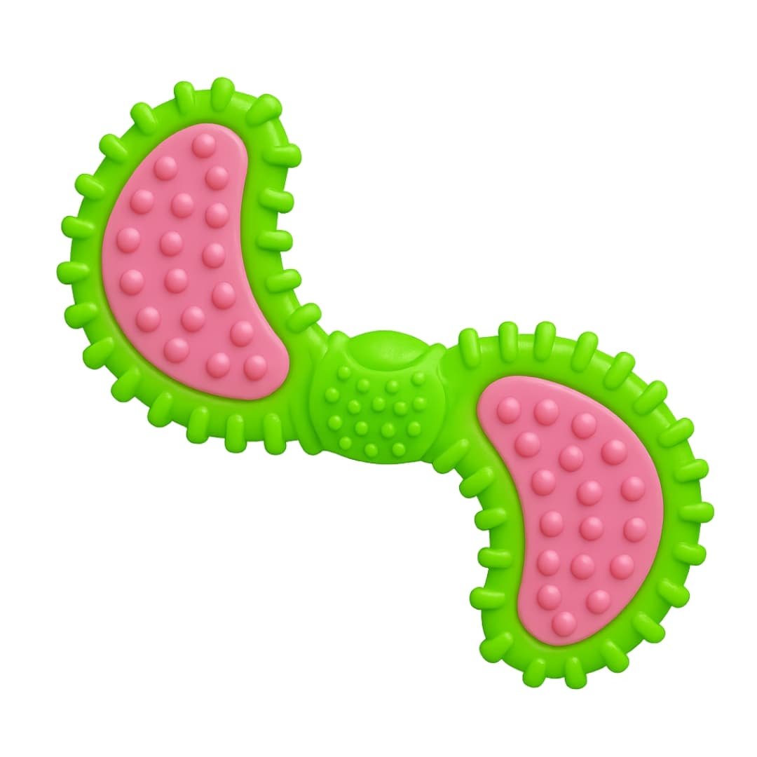 A green and pink boomerang-shaped dog chew toy with textured surfaces.