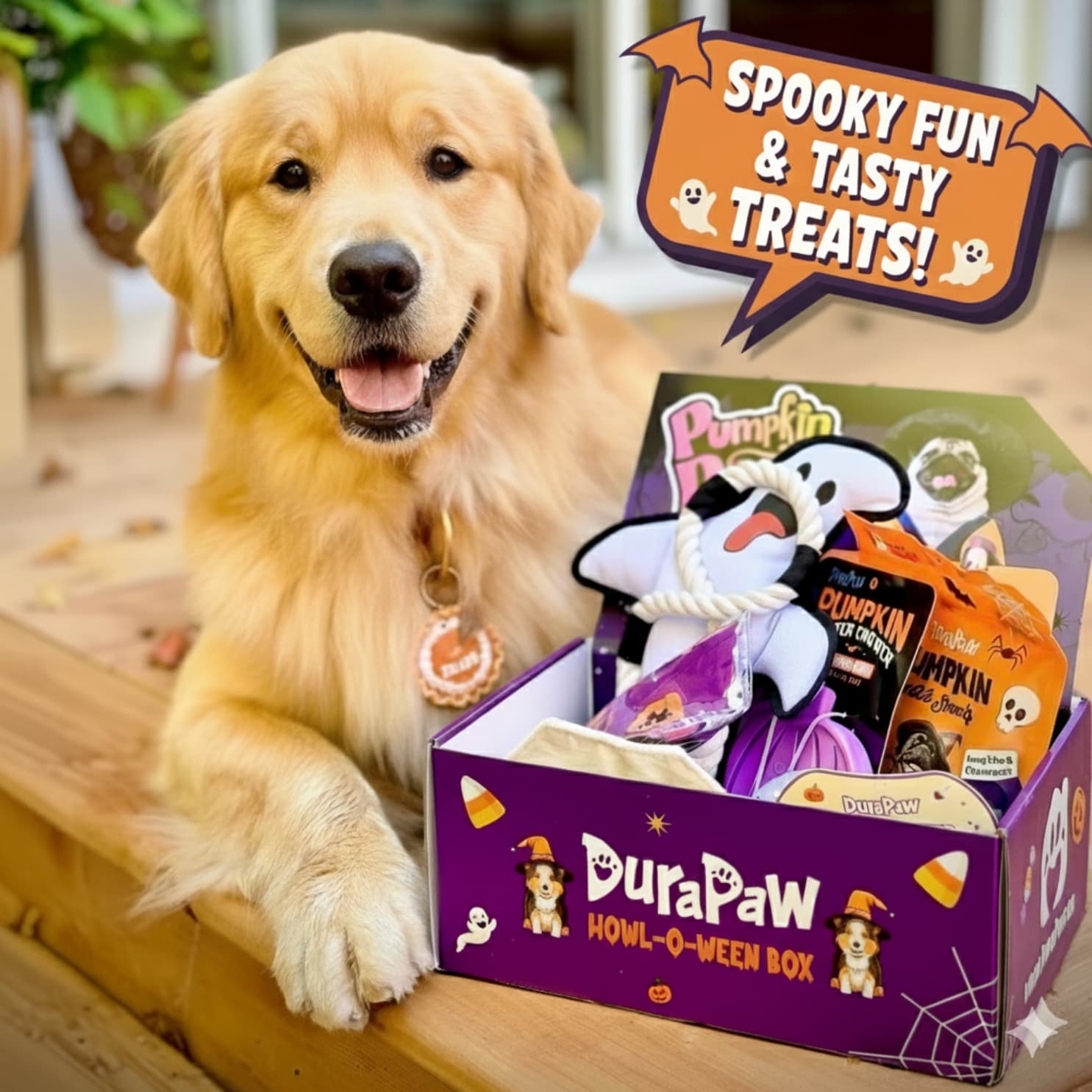 Dog with a Halloween-themed DuraPaw box filled with toys and treats with a speech bubble saying 'Spooky Fun & Tasty Treats!'