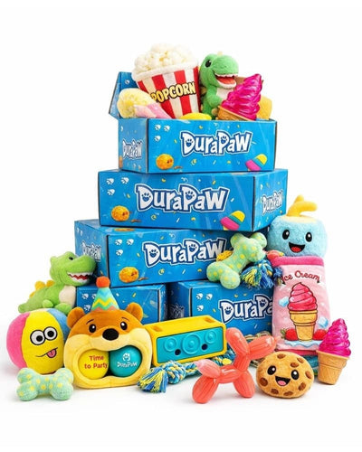 Stack of DuraPaw dog toy subscription boxes with various durable and engaging toys on a white background