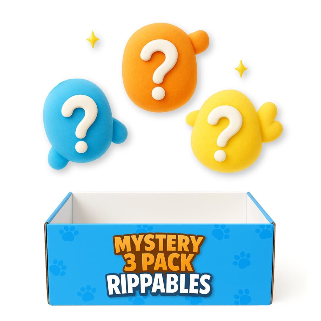 Rippables Mystery 3 Pack featuring three colorful plush dog toys floating above a DuraPaw box, each with a mystery surprise inside