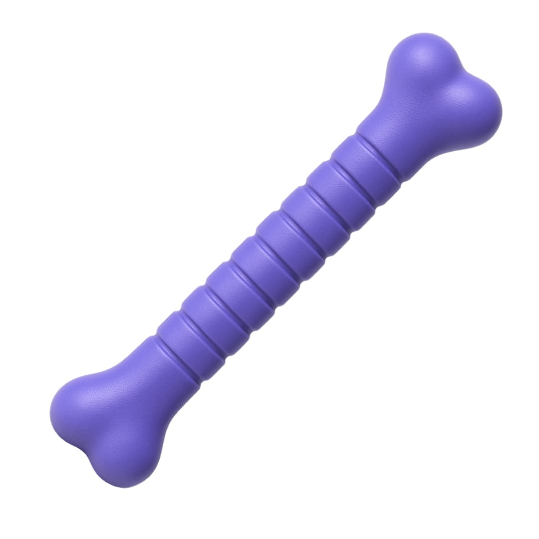 Purple rubber dog chew toy shaped like a bone with nine inset grooves, displayed diagonally on a white background