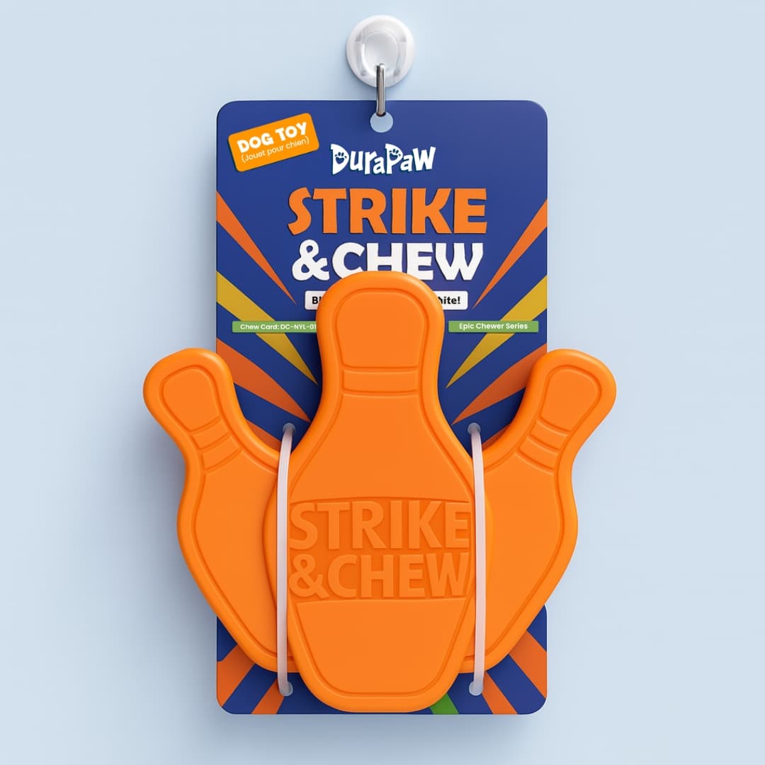 Orange DuraPaw nylon dog toy bowling pin Strike & Chew with retail packaging on blue background