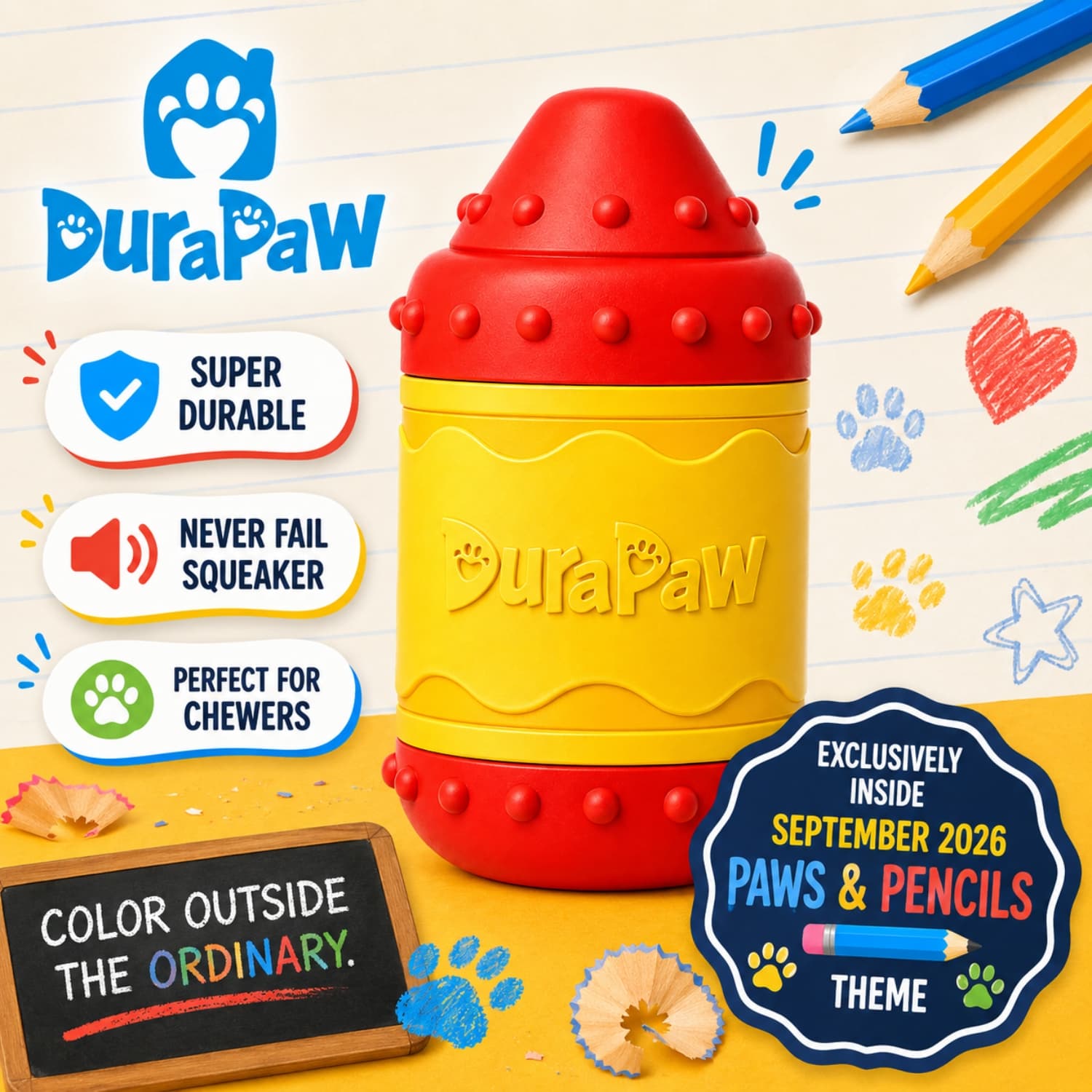 Red and yellow DuraPaw super durable crayon shaped rubber dog toy with colorful text and graphics on a light background