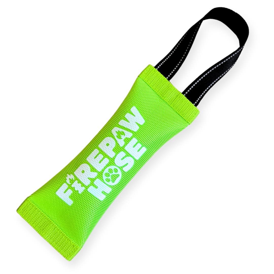 Bright green “Firepaw Hose” tug toy with black dual handles, designed for dogs, shown on a white background.