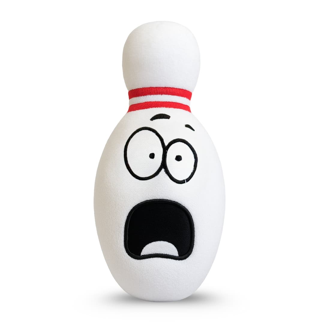 Plush dog toy shaped like a cartoon bowling pin with wide eyes, arched eyebrows, and a shocked expression, featuring red stripes on the neck.