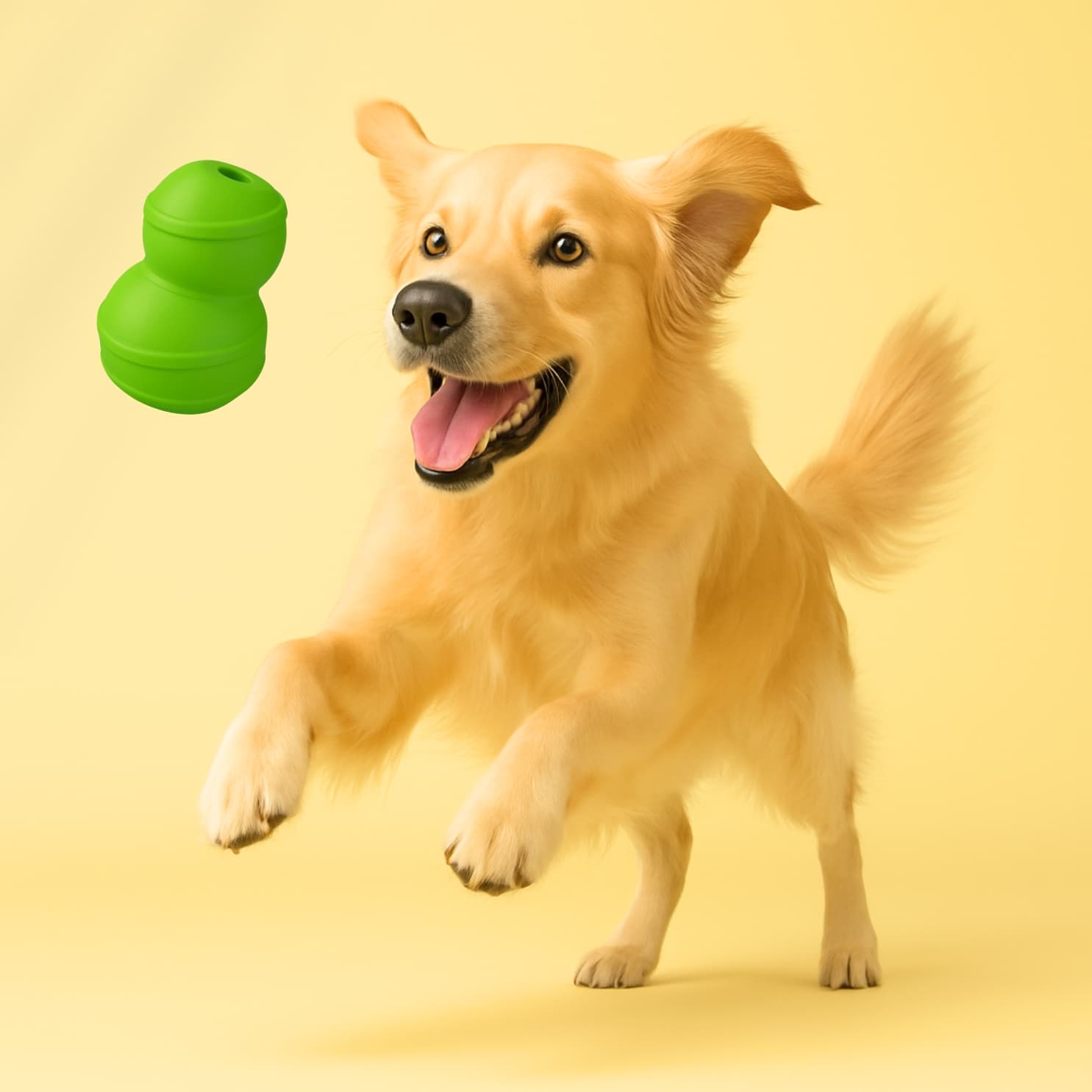 Golden Retriever mid-leap with a joyful expression, chasing a green rubber snowman-shaped dog toy against a light yellow background.