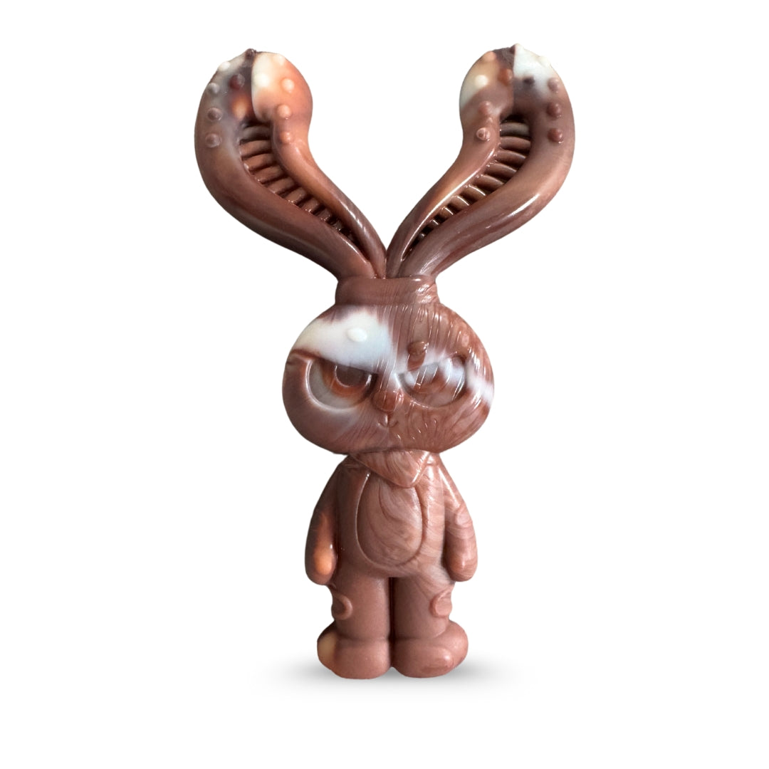 A brown nylon dog chew toy resembling a rabbit with long ears.