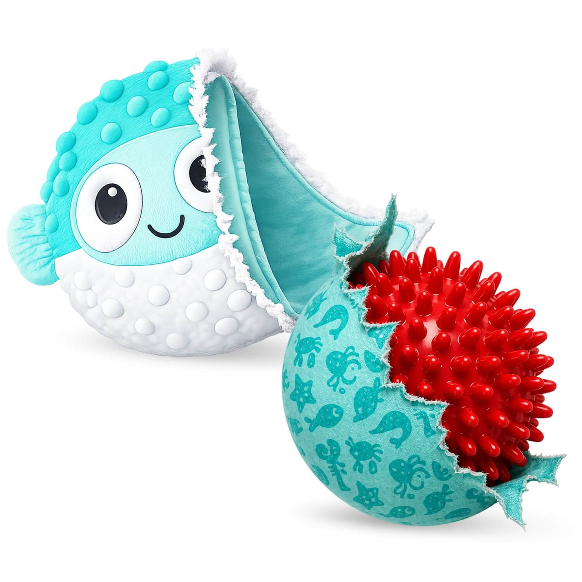 DuraPaw teal puffer fish-shaped Rippable dog toy with a red squeaky spiky ball on a white background