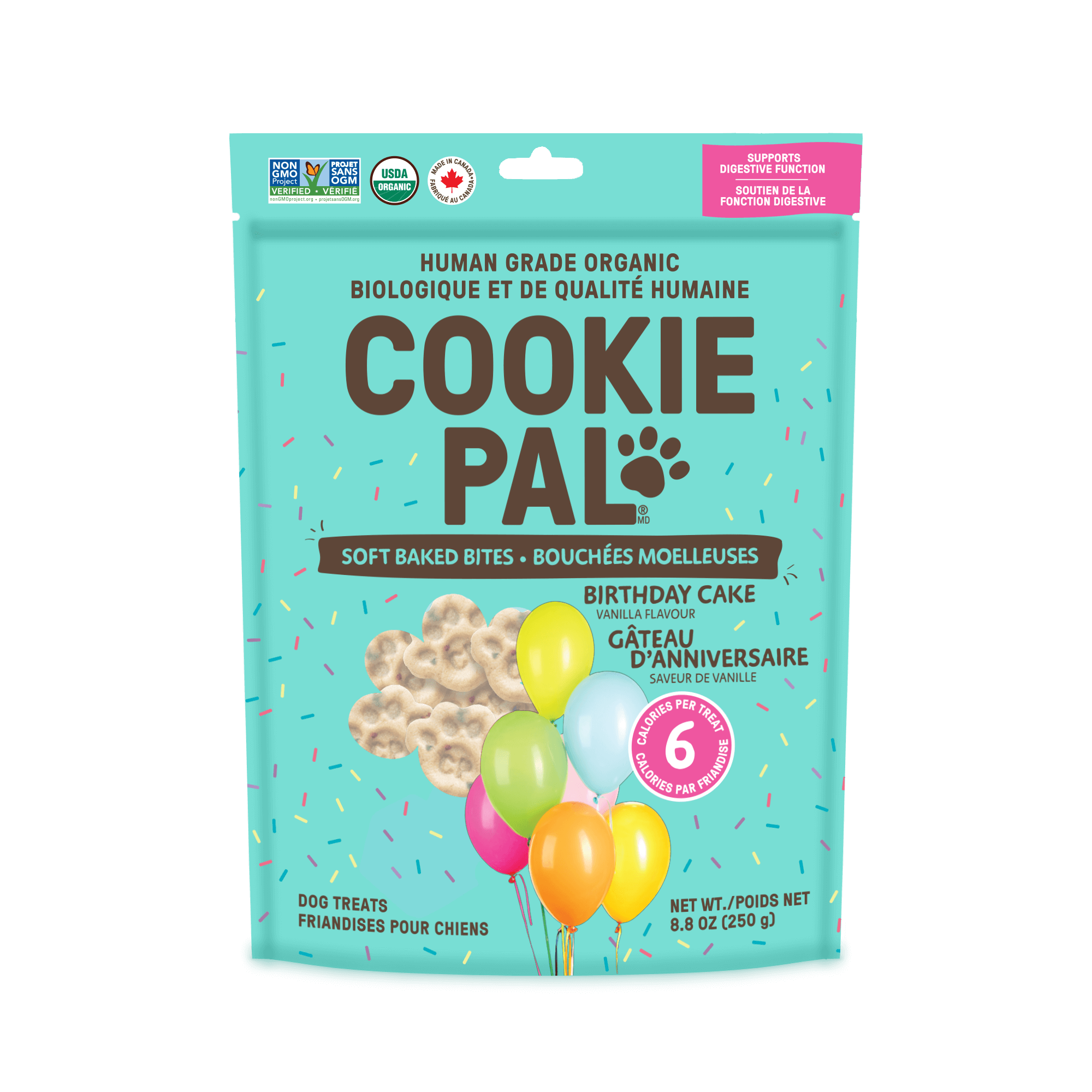 A package of Cookie Pal soft baked birthday cake flavored dog treats with balloons and a party theme.