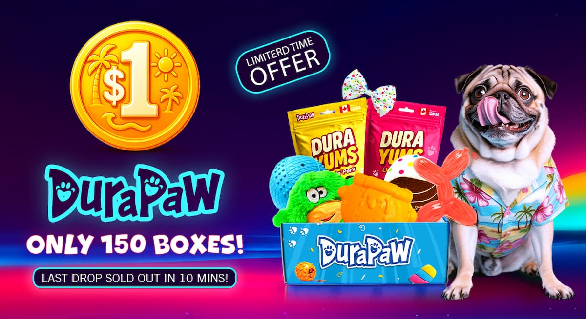 Promotional image of DuraPaw $1 Box with a dog and limited-time offer text.