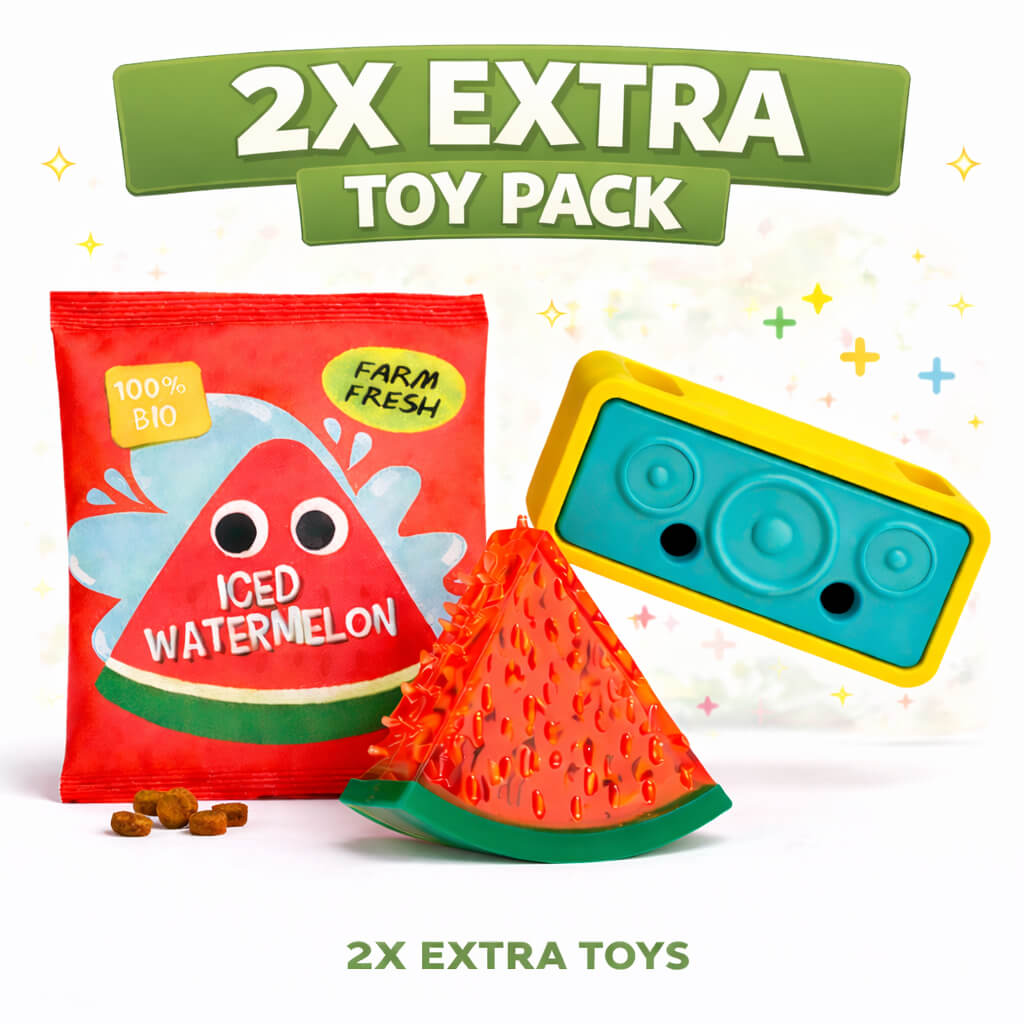 DuraPaw 2 Extra Toy Pack Bundle including an image of a watermelon dog toy and rubber speaker treat dispenser