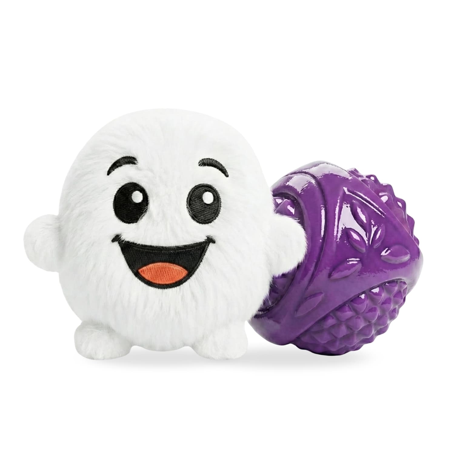White plush DuraPaw 2-in-1 Rippable blizzard snowball dog toy with a purple textured ball on a white background