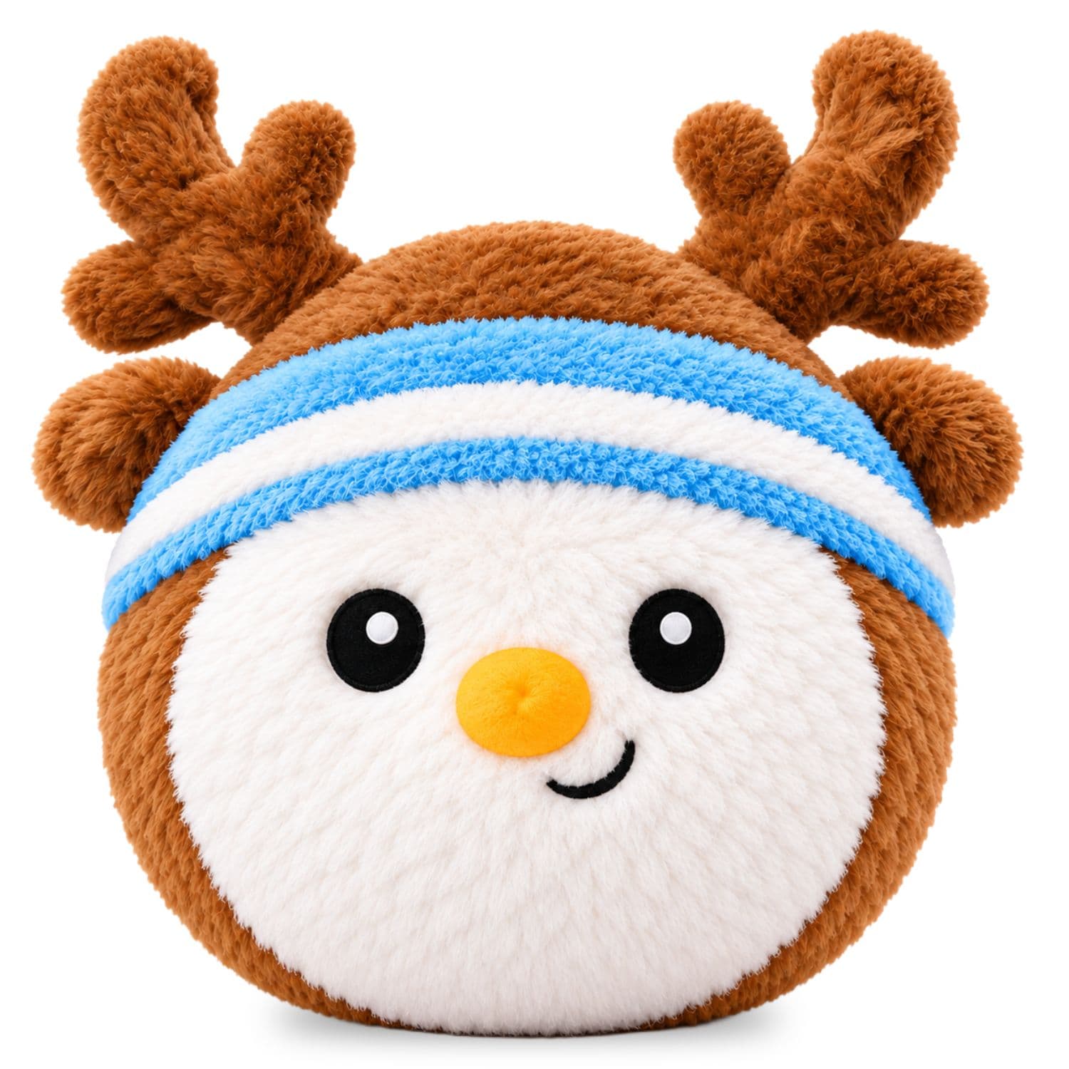 Plush snowman dog toy with a round white face, orange carrot nose and smile, wearing a brown reindeer hood with antlers and a blue and white striped sweatband