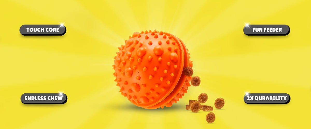 Orange textured rubber dog toy enrichment ball with dog treats on a yellow background, featuring text labels about product features.