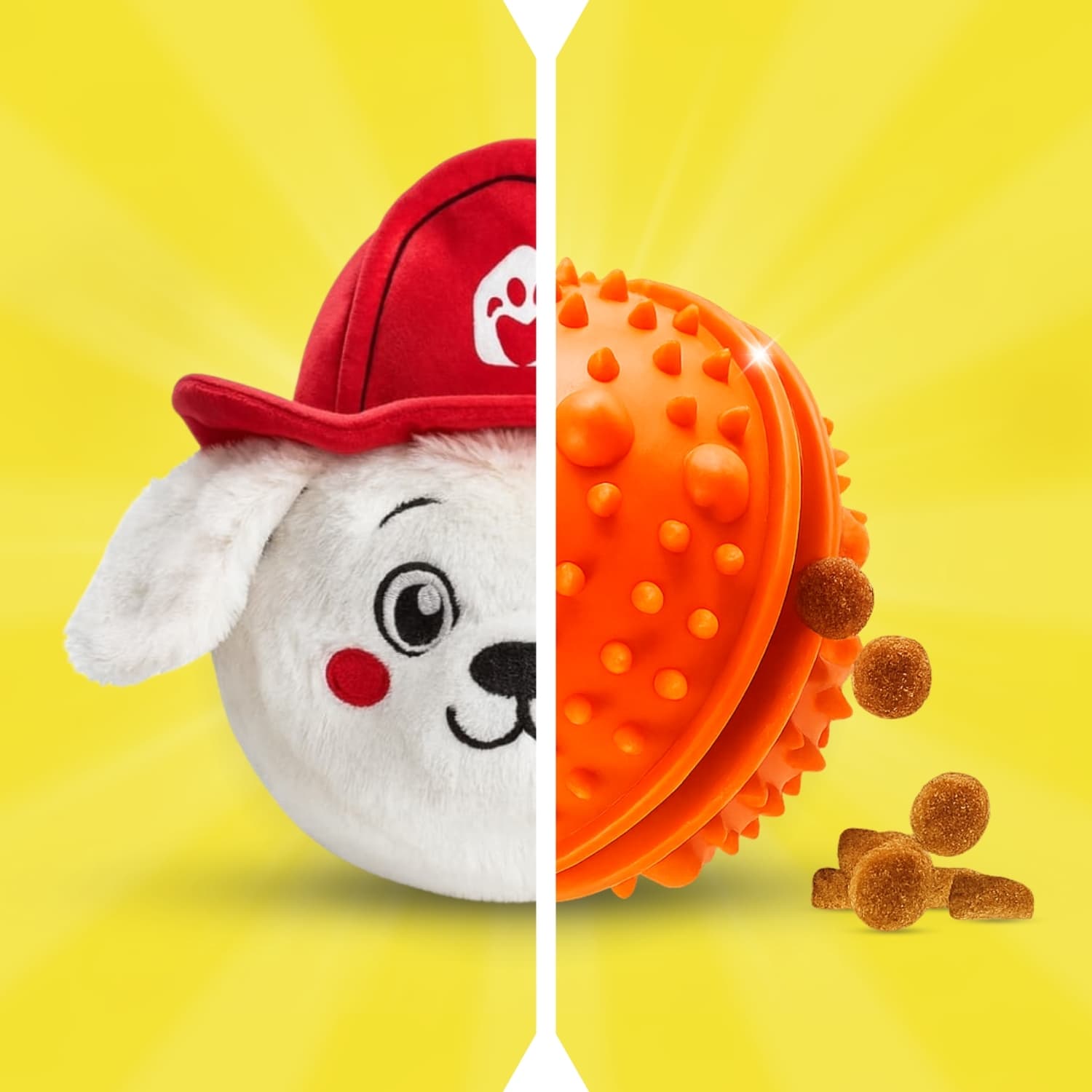 Split image of a DuraPaw Rippable plush dog toy with a red cap and a textured orange ball on a yellow background.