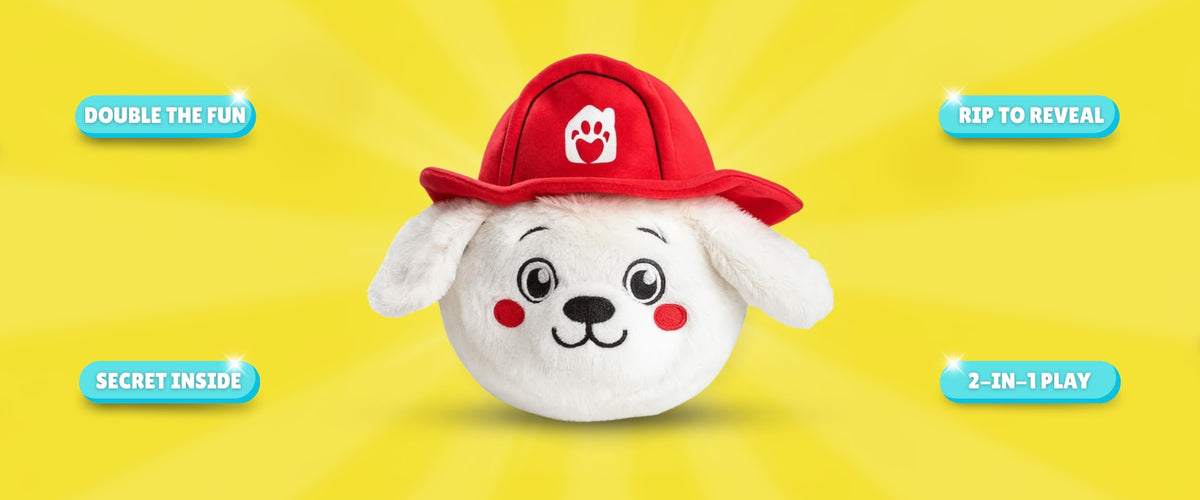 White DuraPaw Rippables plush dog toy with a red hat on a yellow background