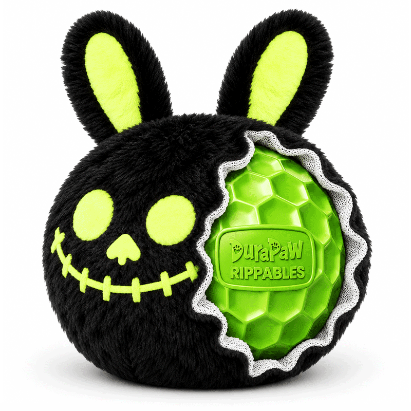 DuraPaw glow in the dark Halloween themed bunny 2-in-1 Rippable graphic showing the durable core Rippables RipShield Tech ball inside.