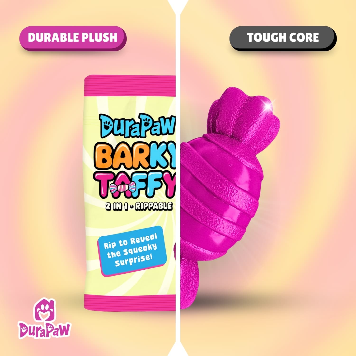 Purple candy bag rip and reveal 2-in-1 Rippable dog toy by DuraPaw on a pink and yellow gradient background.