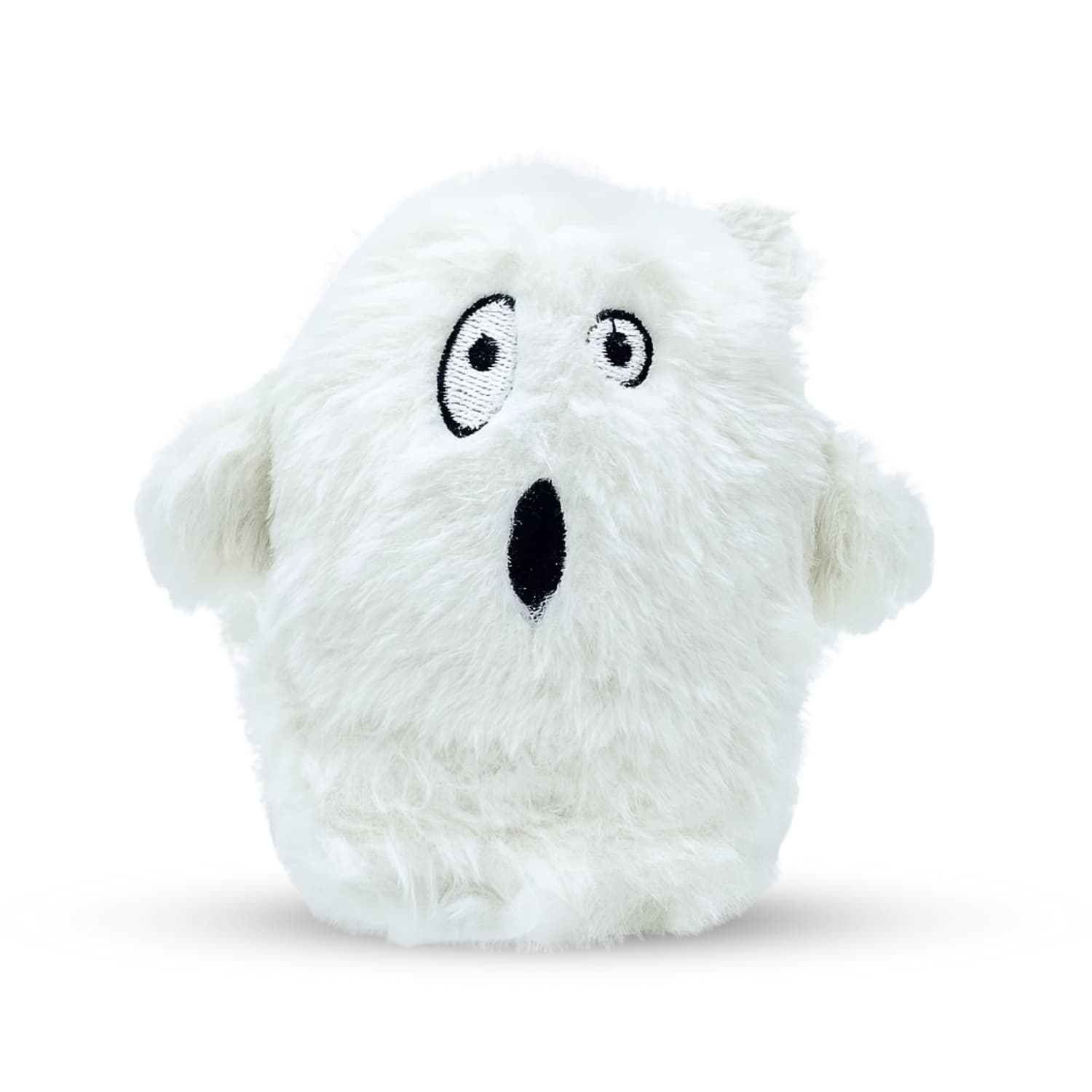 DuraPaw 2 in 1 Rippable white plush ghost dog toy with black eyes and mouth on a white background