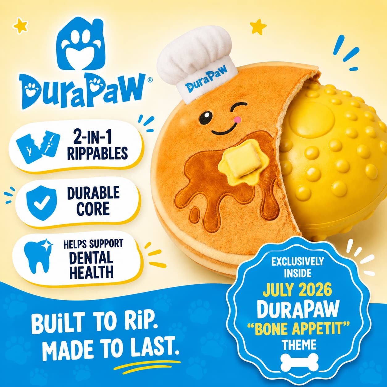Durapaw dog toy with pancake and yellow ball design on a yellow and blue background