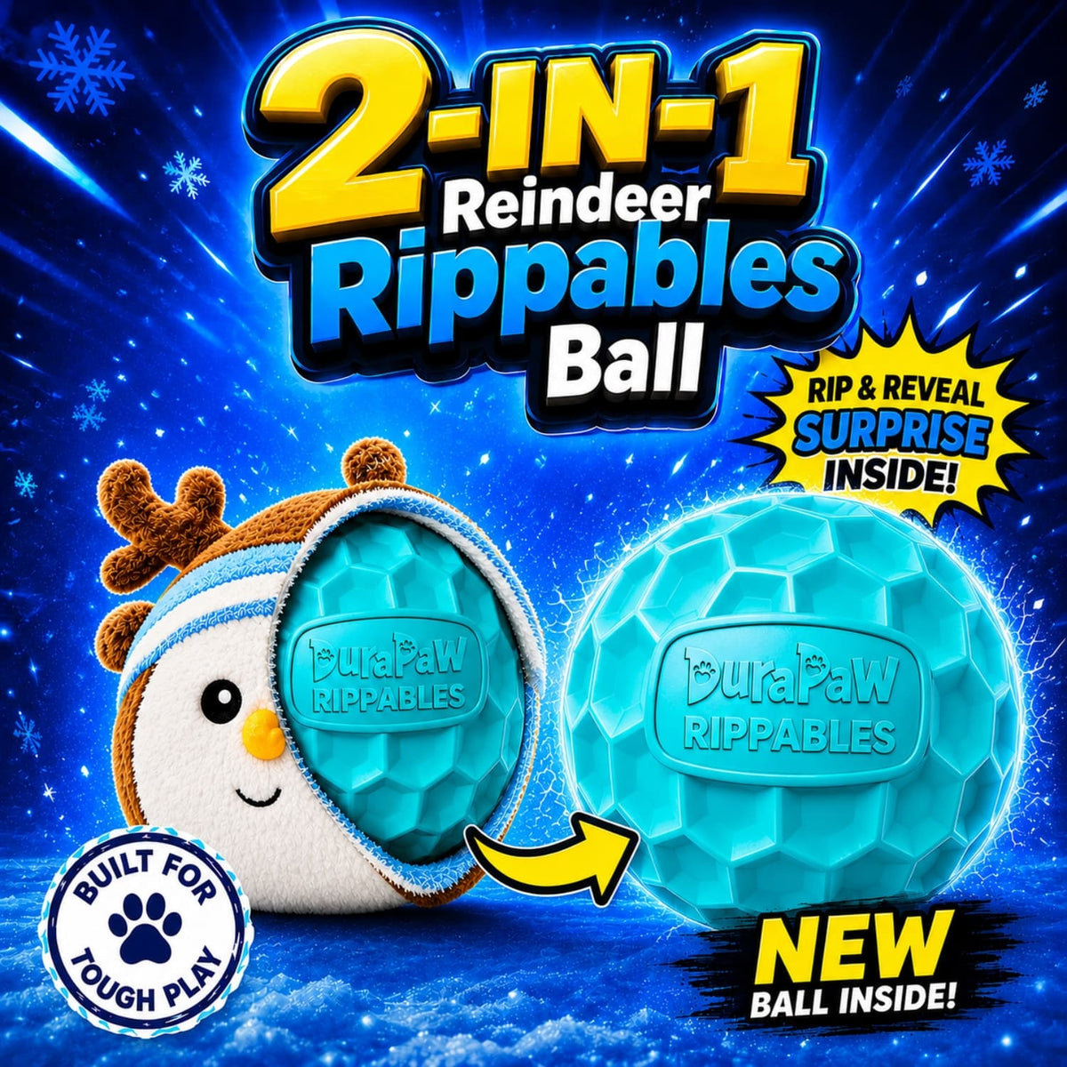 DuraPaw Rippables RipShield Tech reindeer-themed durable ball toy with blue interior on a snowy background
