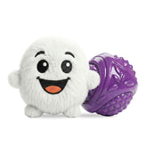 White plush DuraPaw blizzard snowball dog toy with a purple textured ball on a white background