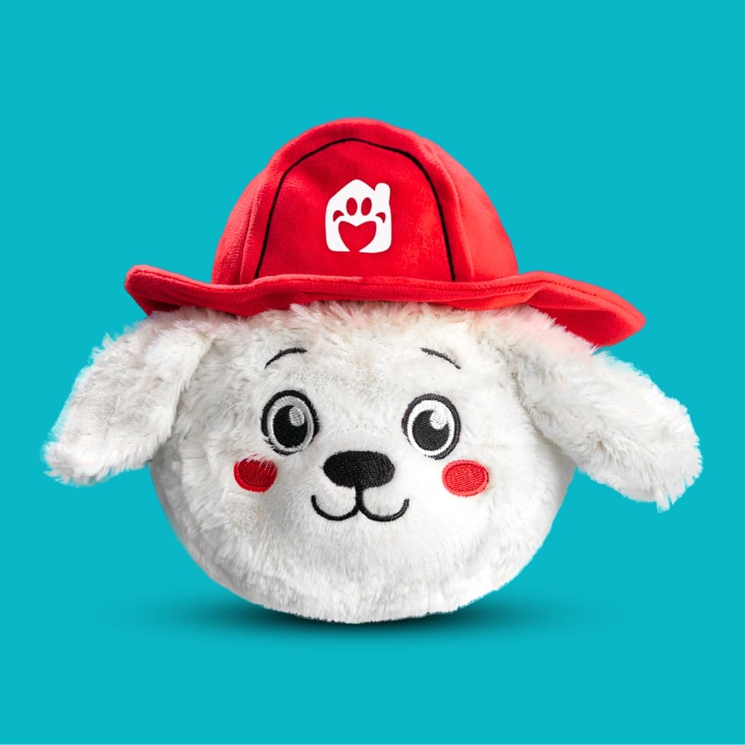 DuraPaw Rippable 2 in 1 Fire Fighter Chief Charlie Tough Dog Toy Within Toy Surprise Red Fire Hat