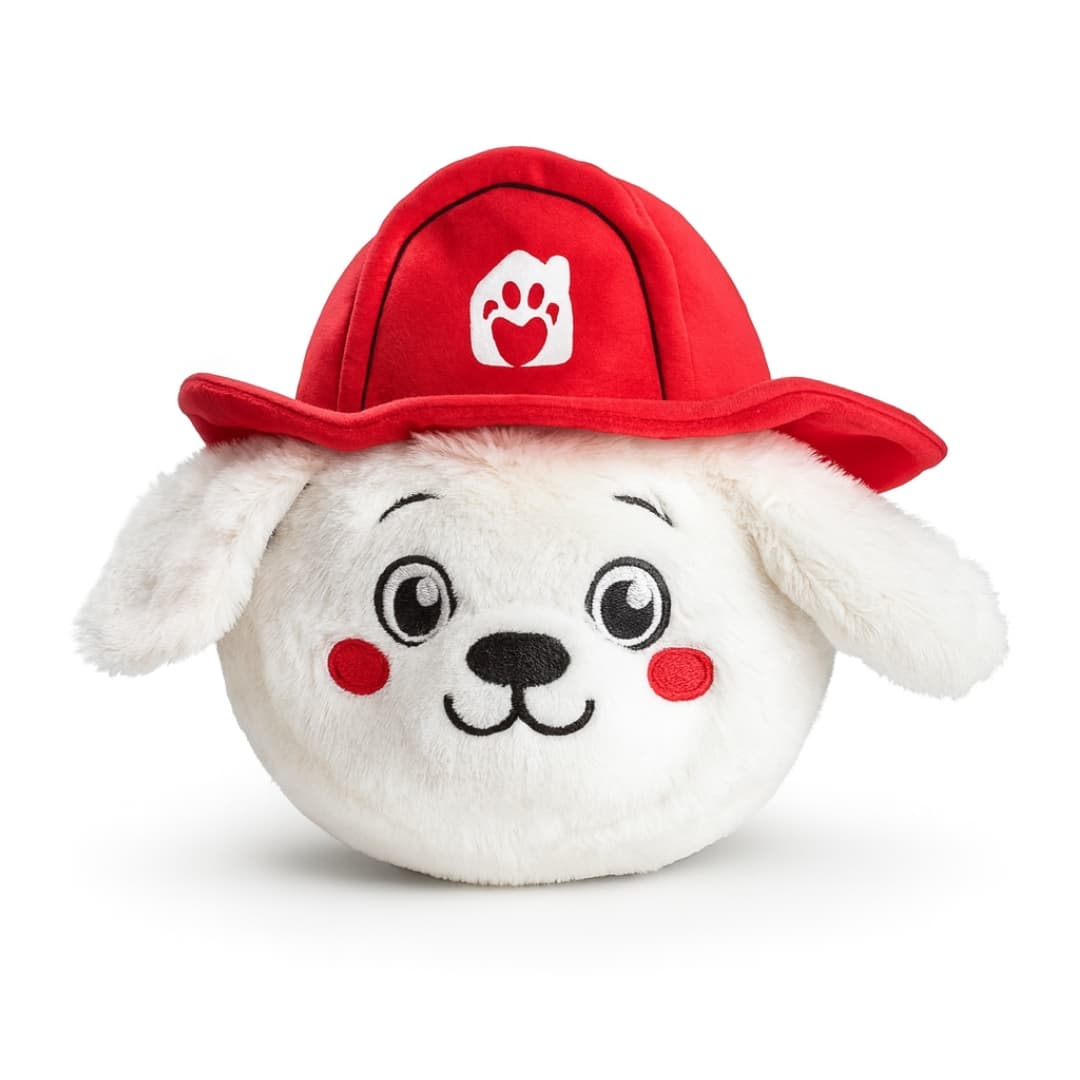 Plush 2-in-1 DuraPaw Rippable toy dog with a red fire truck hat featuring a paw print on a white background