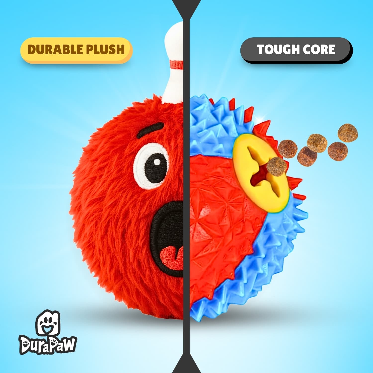 DuraPaw 2 in 1 Rippables red and blue plush toy with a DuraPaw logo on a light blue background