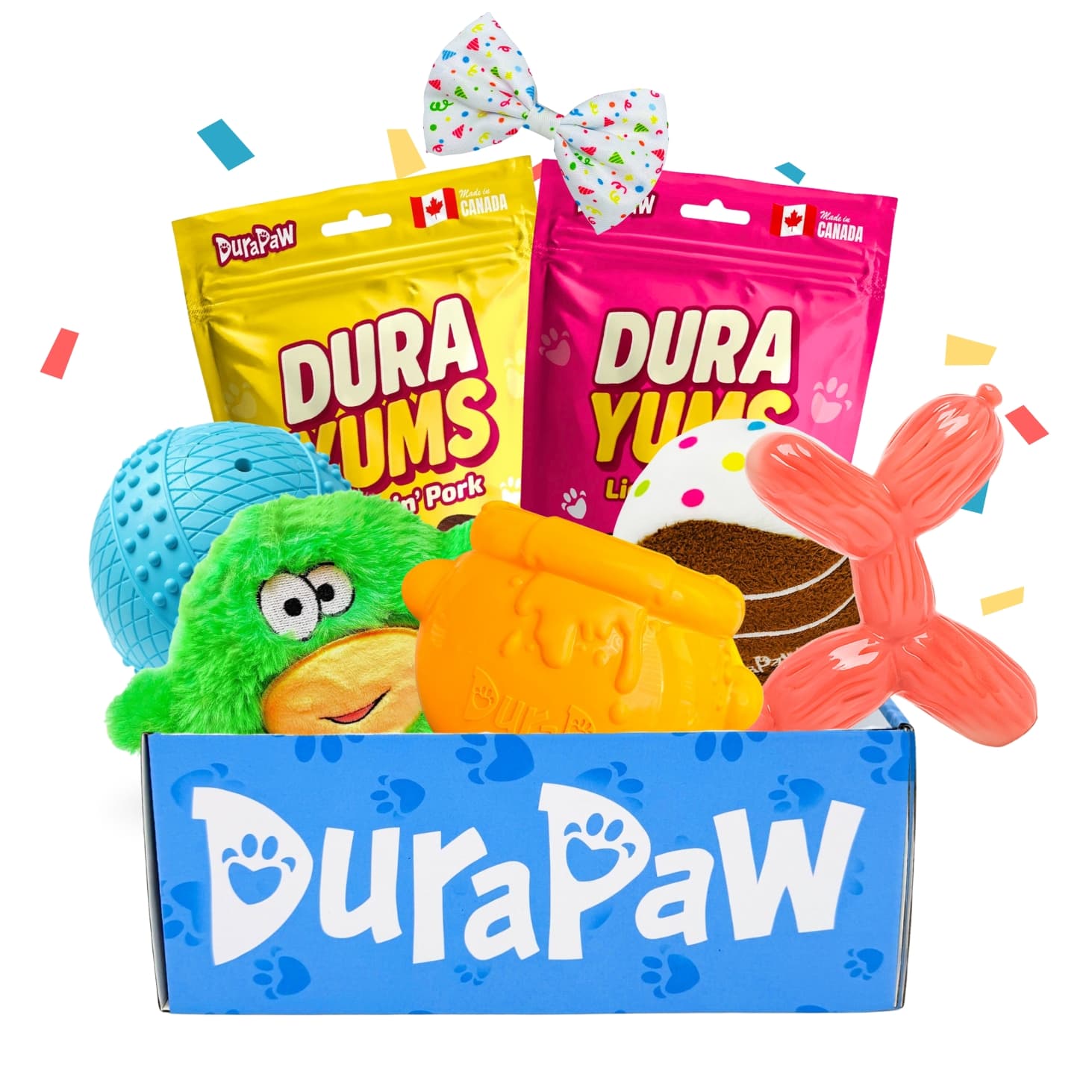 DuraPaw subscription box product set with dog toys and treats on a white background
