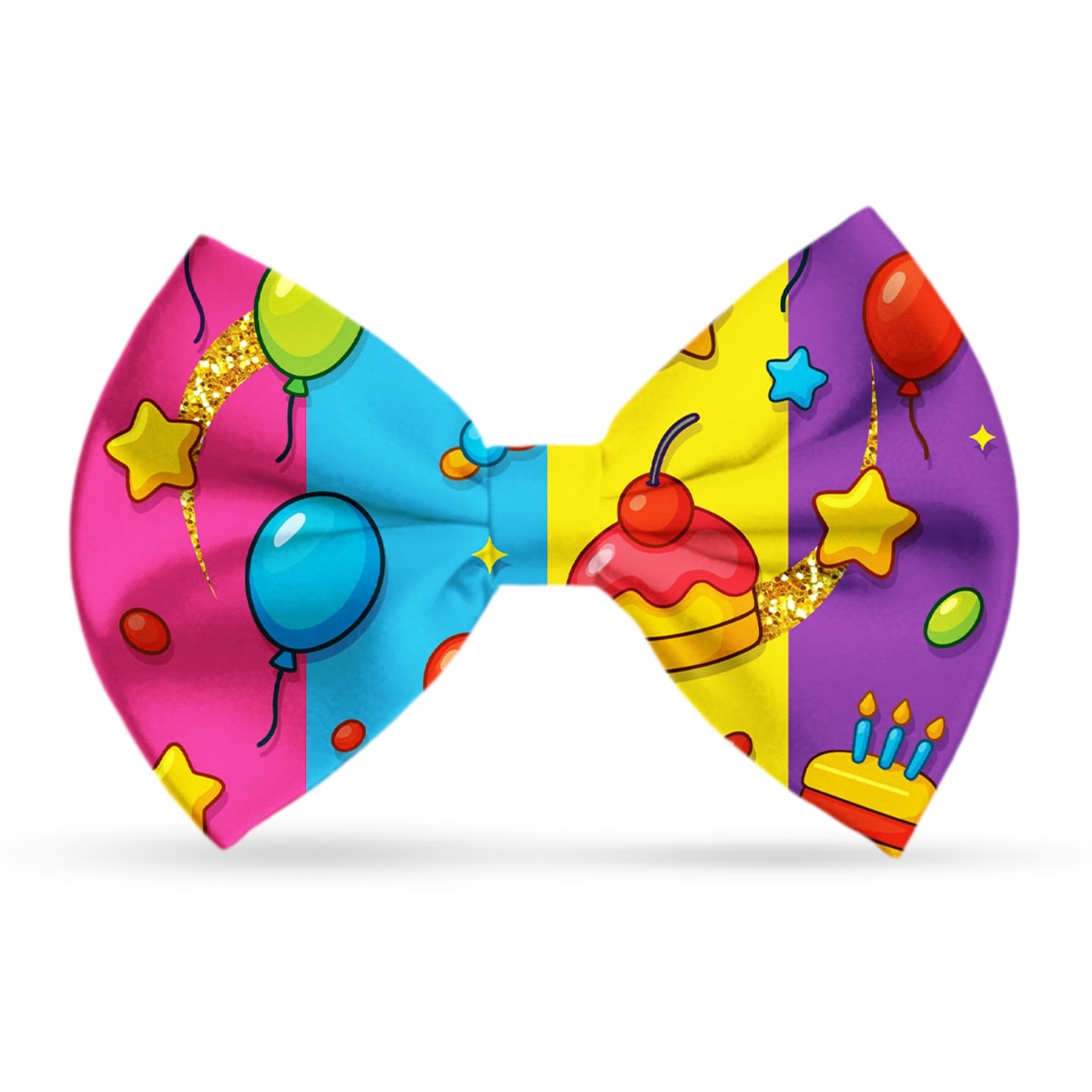 Colorful DuraPaw party dog bow tie with birthday-themed design on a white background