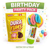 Dura Yums dog treat package and DuraPaw birthday pawty pack toy on a white background.