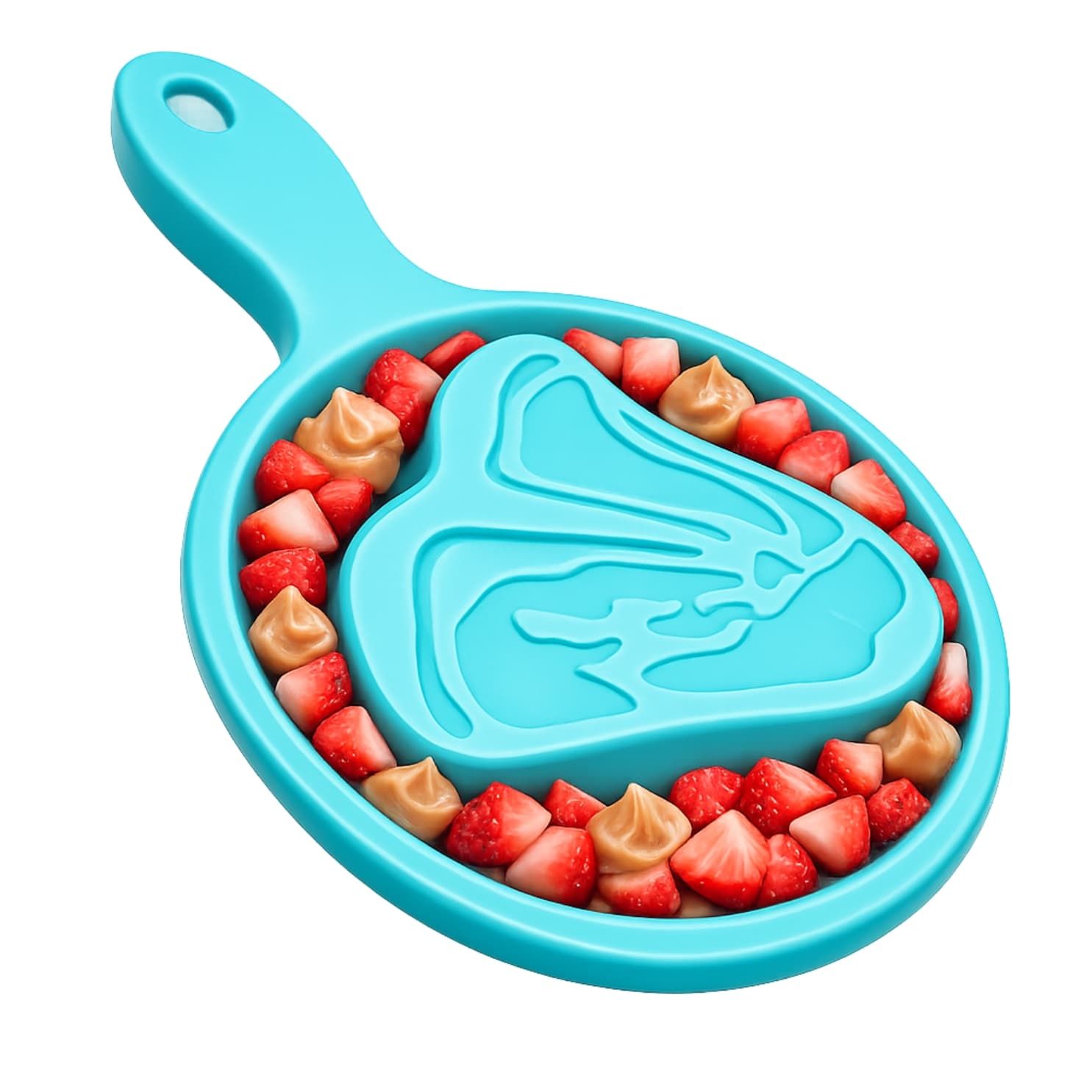 Blue DuraPaw nylon enrichment dog chew toy with strawberry and peanut butter on a white background