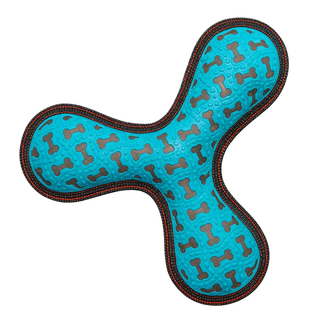 DuraPaw blue frisbee throw dog toy with bone pattern on a white background