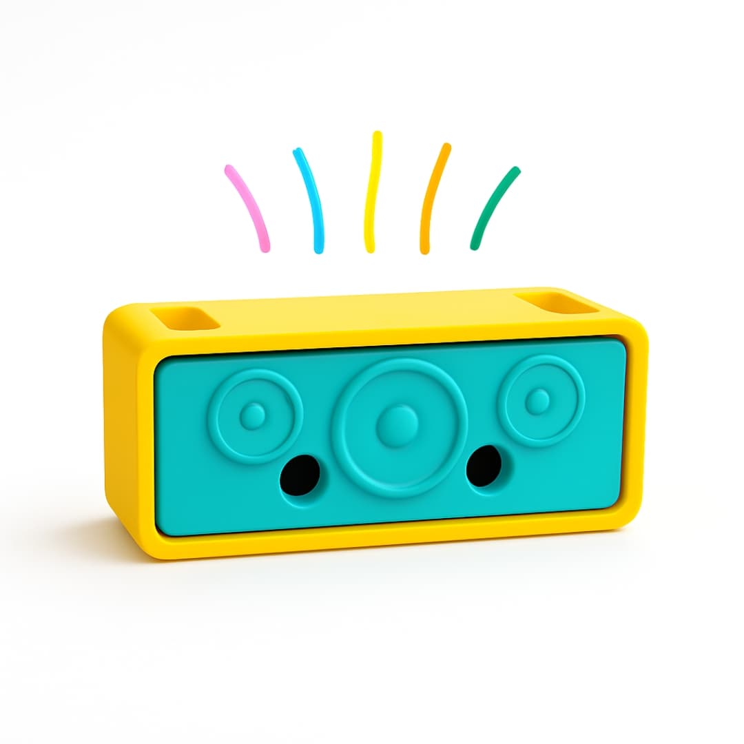 DuraPaw colorful toy boombox speaker dog enrichment toy with sound wave graphics on a white background