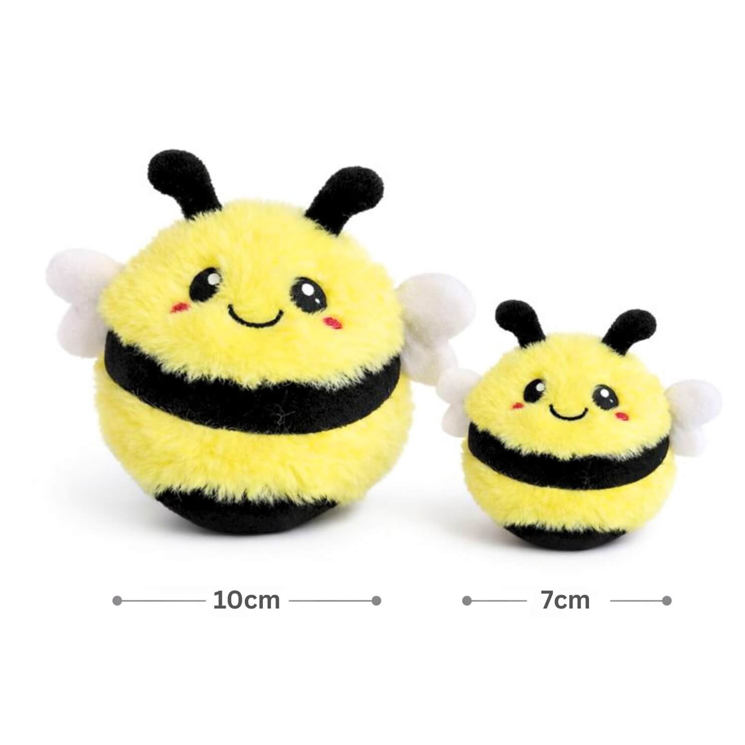 Two bee-shaped DuraPaw 2 in 1 Rippables plush dog toys with measurements on a white background