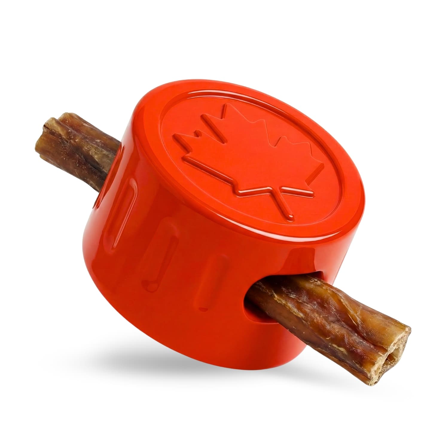 DuraPaw red Canadian hockey puck dog chew toy with a bully stick inside on a white background