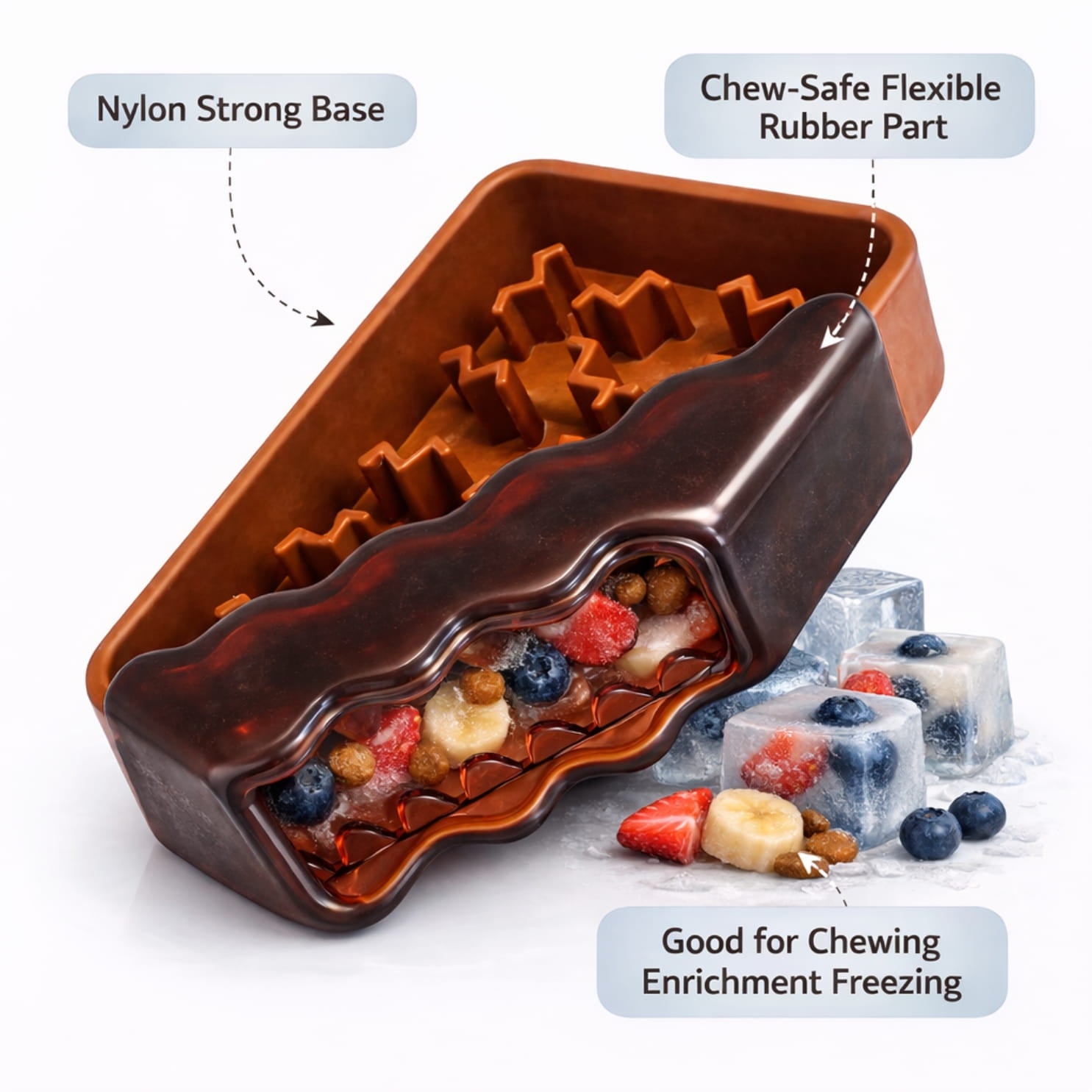 Chocolate enrichment dog chew toy with flexible rubber part and strong base, filled with treats.