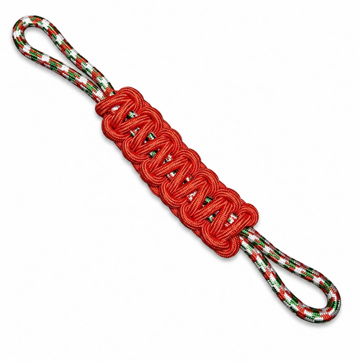 DuraPaw Jolly Jingle Christmas tug rope dog toy — red braided rope with festive red, green, and white candy cane stripe handles, looped at both ends